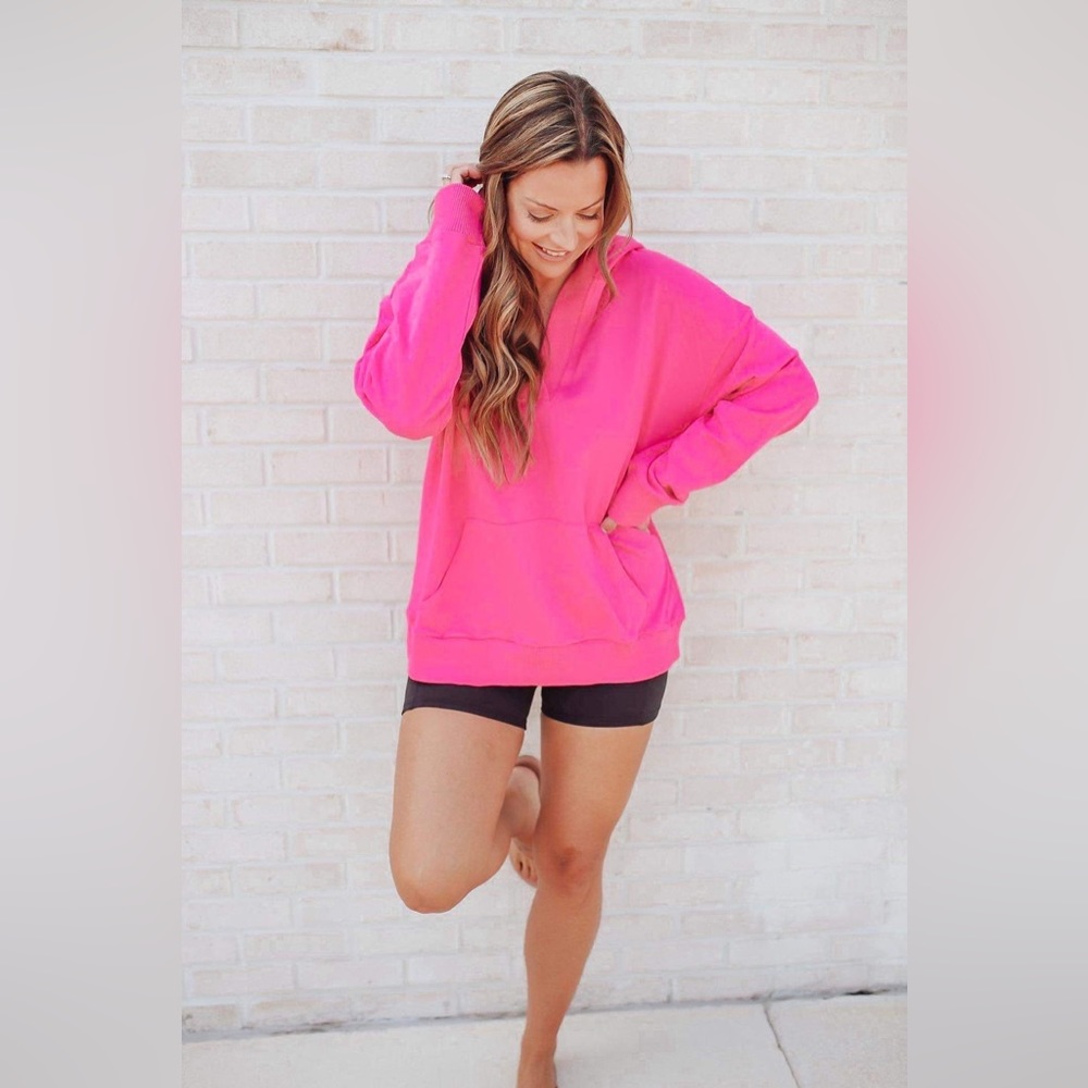 Abela Story + Co Reset V Neck Hooded Pullover Sweatshirt Top Pink Size XL